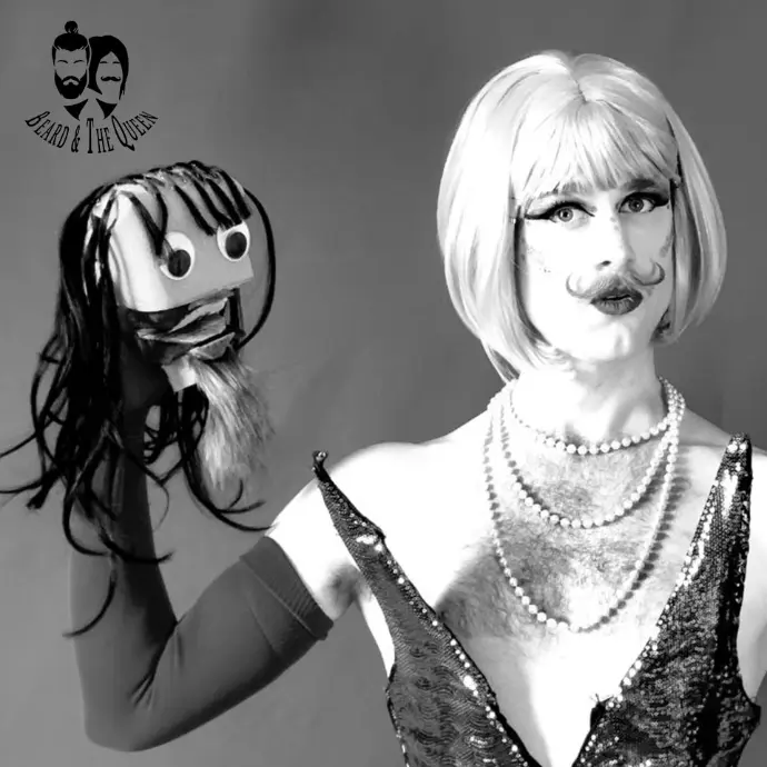 Dark Sugar drag queen with sock jesus the puppet